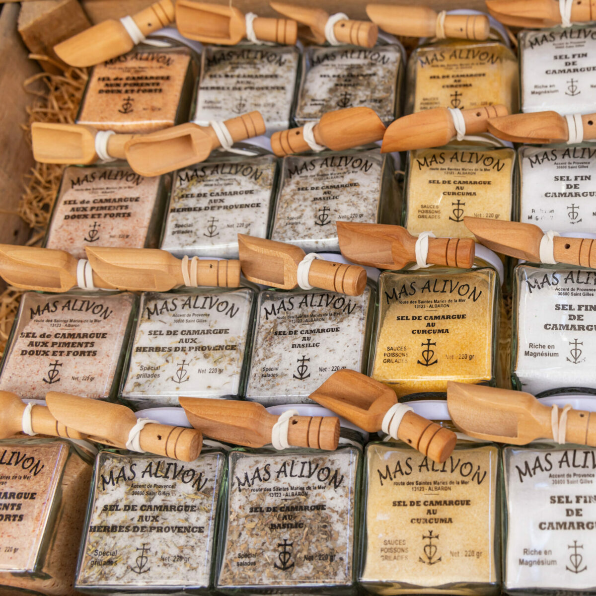 Saintes-Maries-de-la-Mer, Bouches-du-Rhône, Provence-Alpes-Cote d'Azur, France. July 3, 2022. Sea salt of the Camargue for sale at a shop in Saintes-Maries-de-la-Mer.